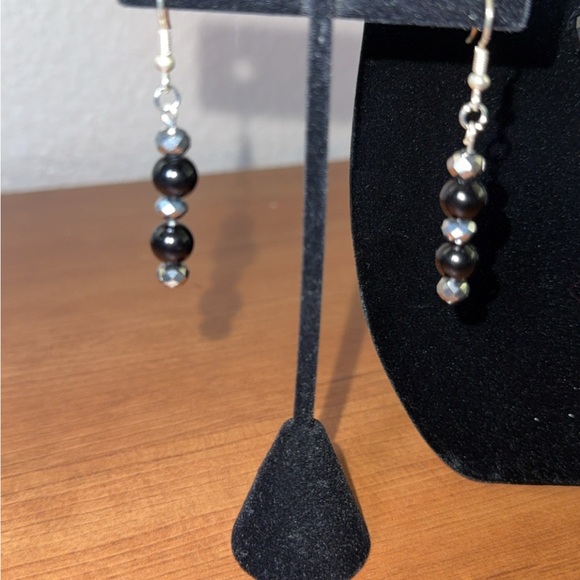 12" Chain Link Black Silver Beaded Necklace and Earring Set - Picture 2 of 5